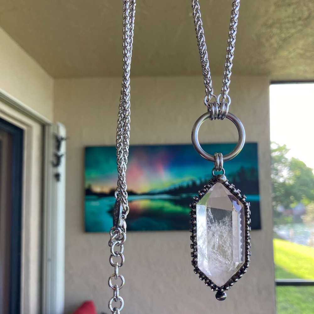 LONG chain BIG 2.5 inch Crystal quartz black electroplated boho goth necklace - Picture 7 of 15